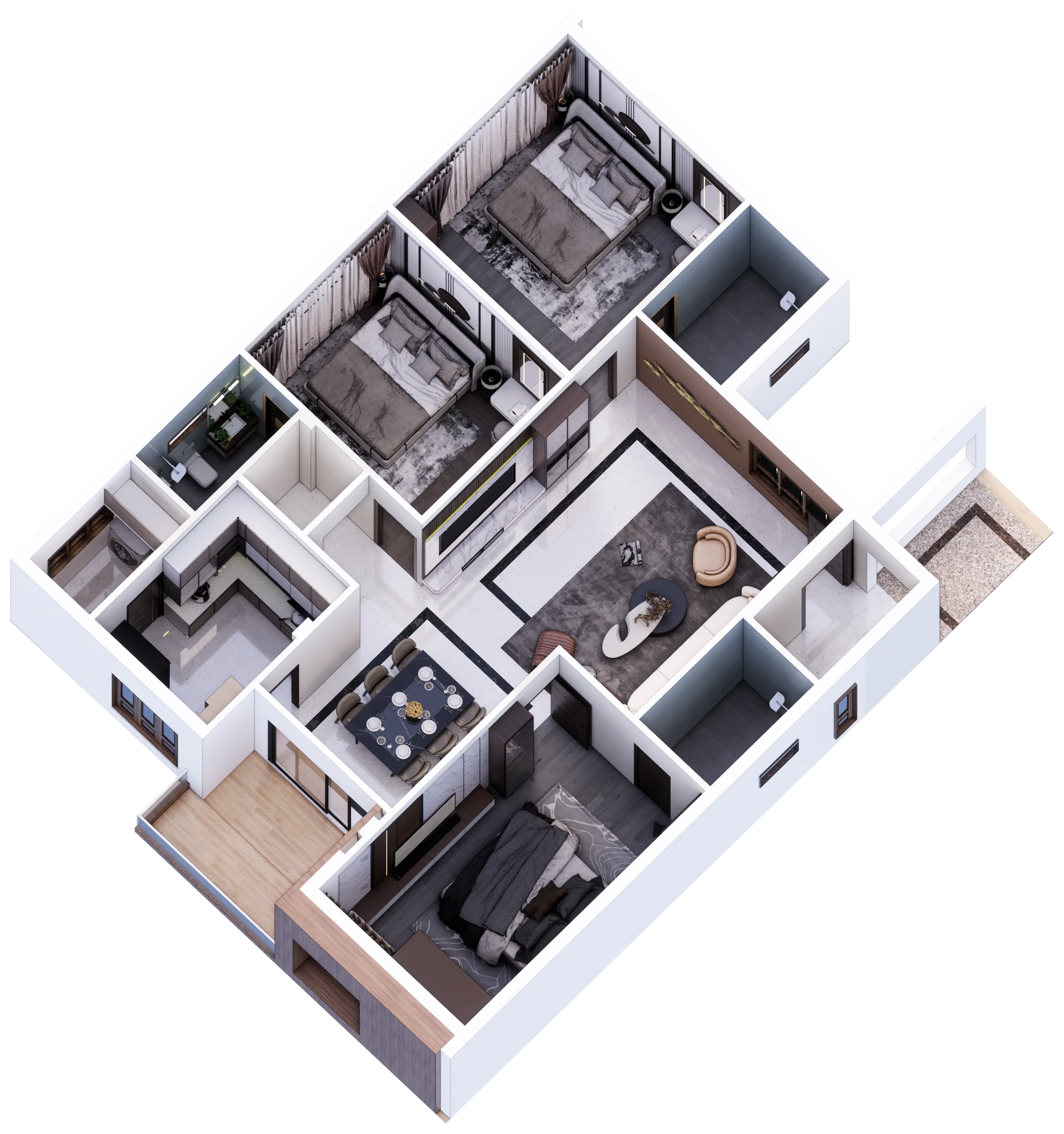 Adhithyaa Aarna 3 BHK flat layout, axonometric view